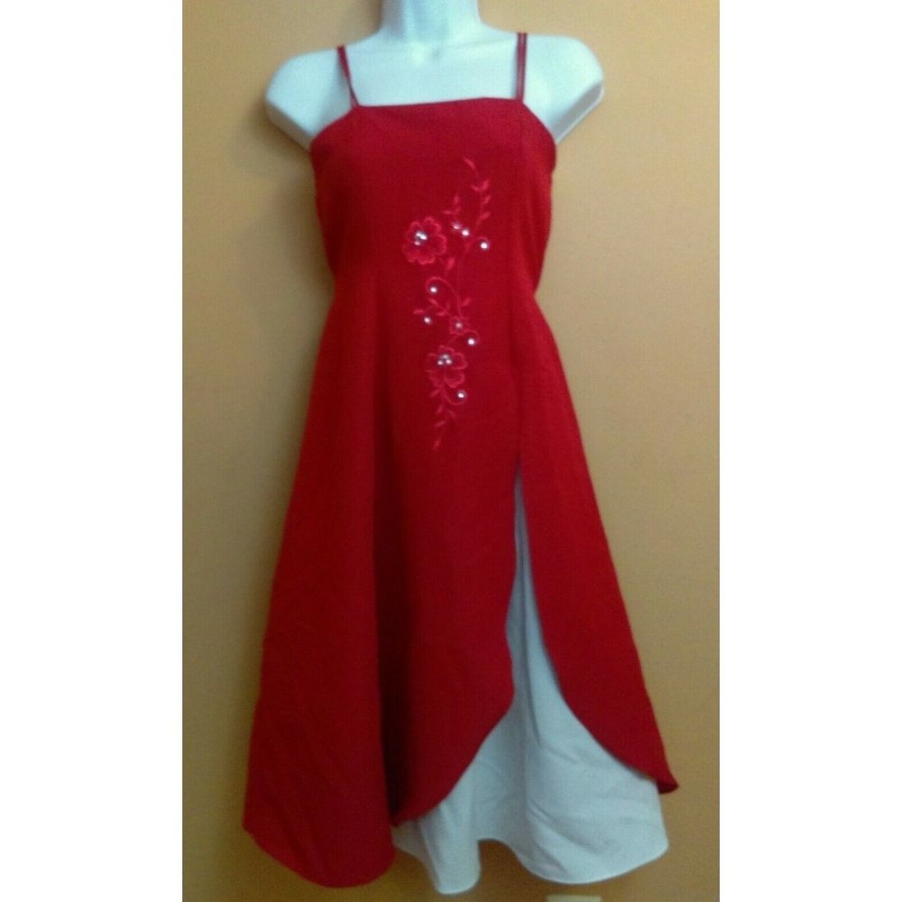ABC KIDS USA Red & White Formal Spaghetti Layered with Lining Dress Youth Sz 12